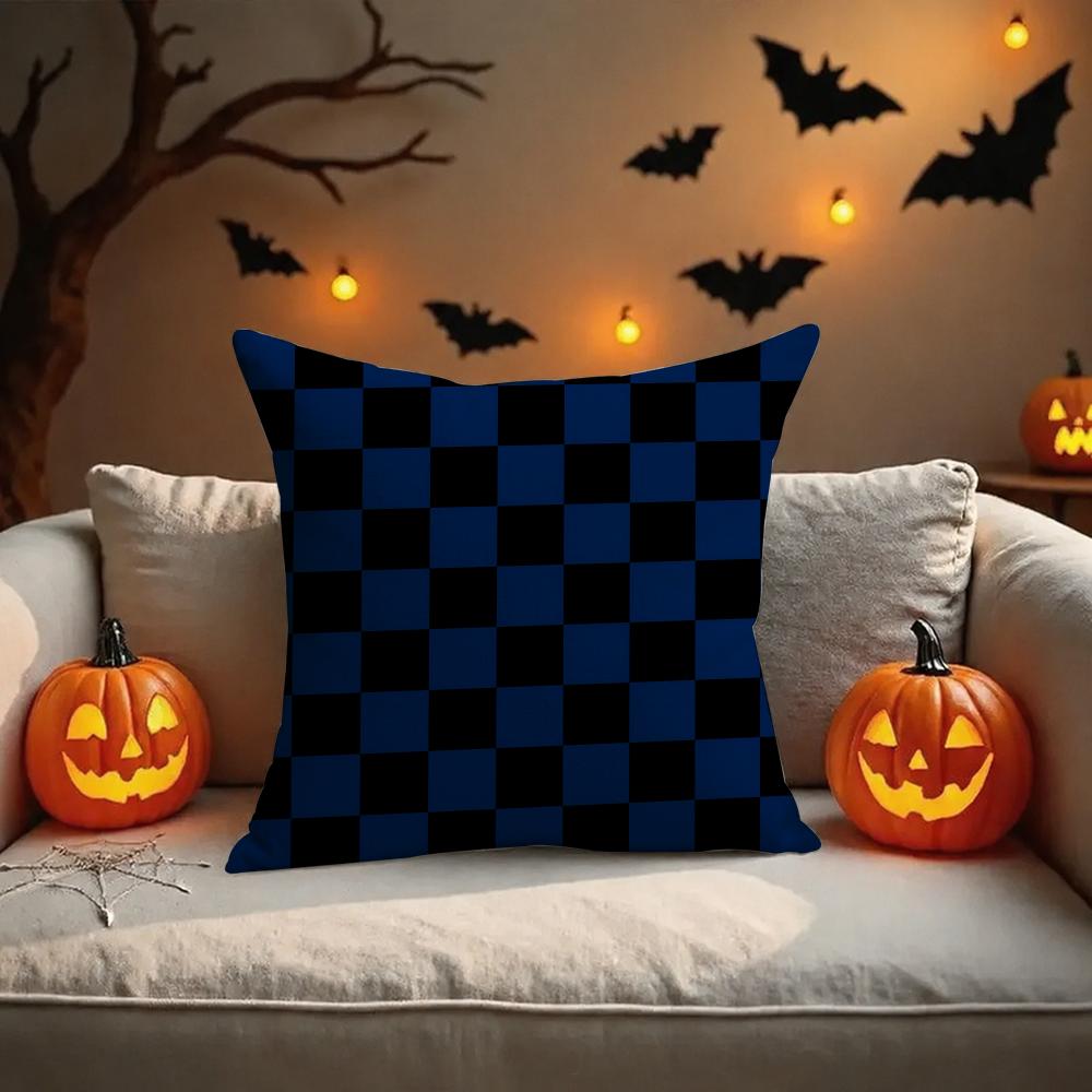 Black White Checkerboard Cushion Cover Halloween Decoration Trick Or Treat Cushion Cover Ghost Pumpkin Head Bat Decoration