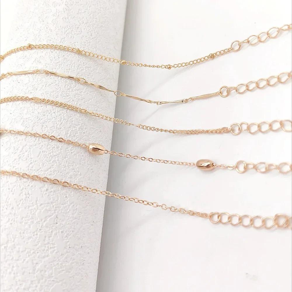 Layers Leaves and Beaded Cuban Chains. A Set of Summer Beach Anklets for Women Girls  Ankle Shiny Anklets with Zircon