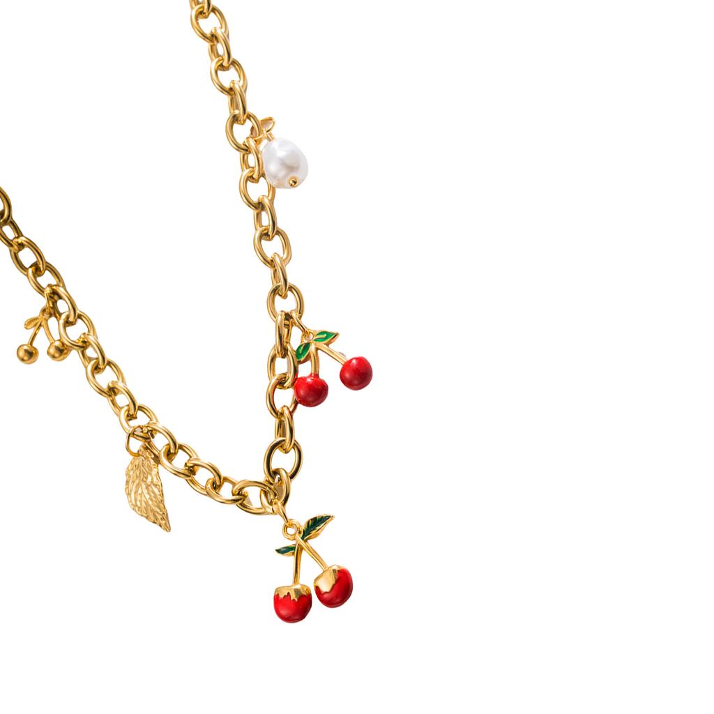 Stylish Titanium Steel Cherry Strawberry Pendant Necklace Adjustable Chain Lightweight Design Perfect For Daily Wear
