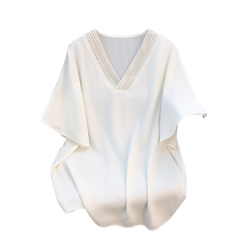 Women's Plus Size V-Neck Chiffon Short Sleeve Mid-Length Loose T-Shirt 