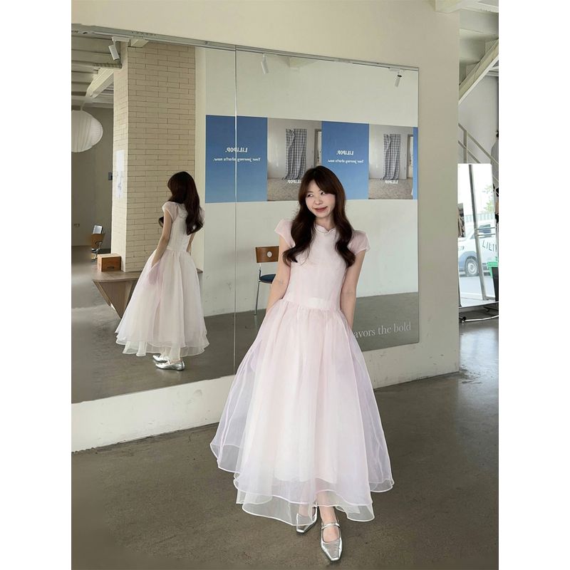 

Kumikumi Sweet Style Mesh Puff sleeve Dress Women Summer French style Age-Reducing Waist Hugging A- line Skirt Pettiskirt Pink purple L