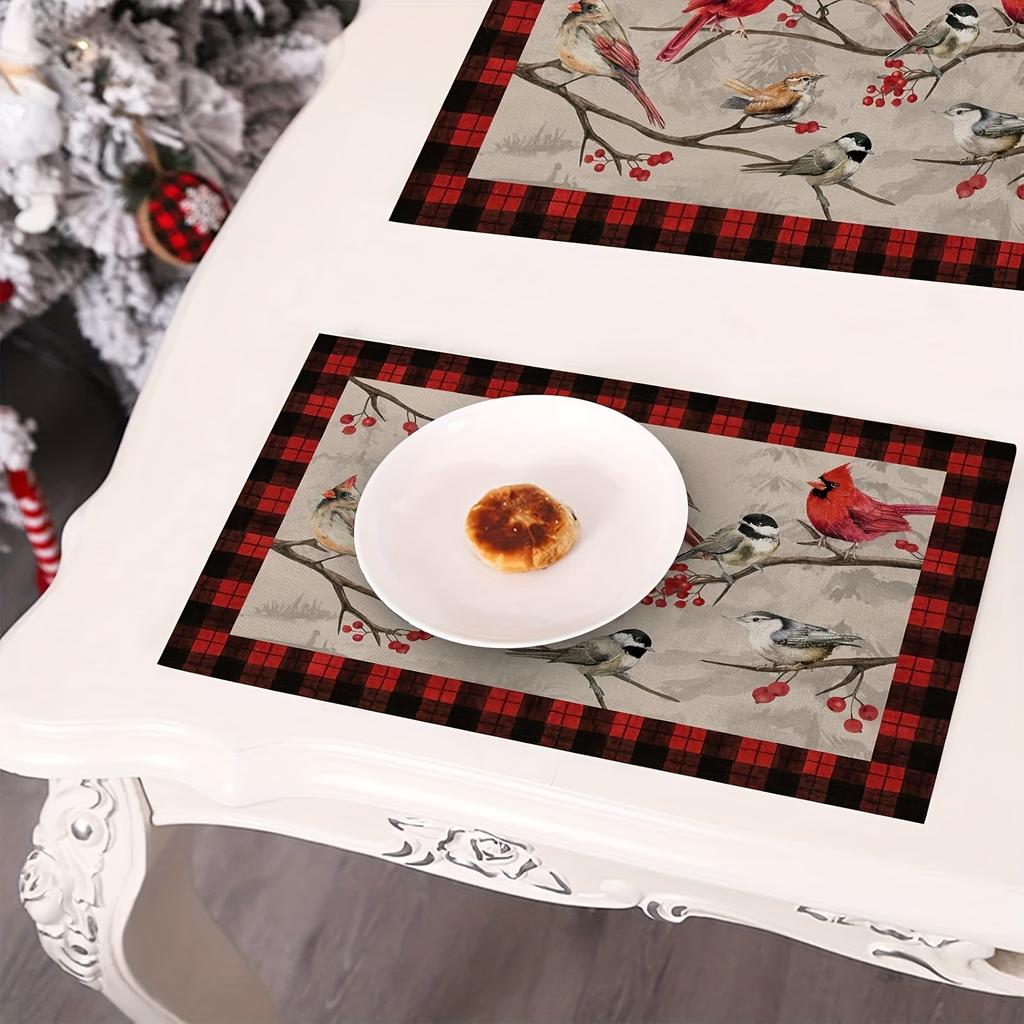1-Pack Vintage Bird Branch Plaid Linen Placemats,Christmas Farmhouse Holiday Party Decor, Red Buffalo Plaid Design