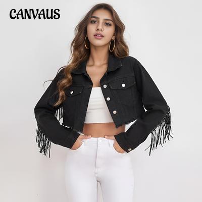 Giacca corta in denim con bordo grezzo e frange di perline da donna, primavera e autunno