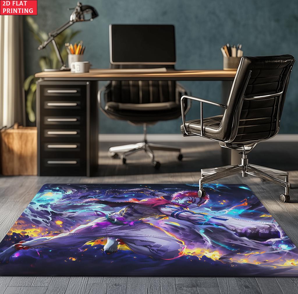 Anime Swordsman Area Rug, Blue Water Wave Theme  Floor Mat, Decorative Carpet for Gaming Room Bedroom, Washable Home Decor Gift
