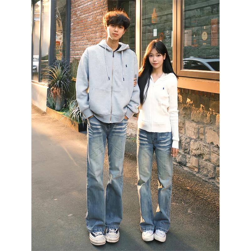 Джинсы клеш JYL для мужчин, градиентно-синие, с потертостями «молния», американские, с чистой посадкой, джинсовые брюки XL бездна