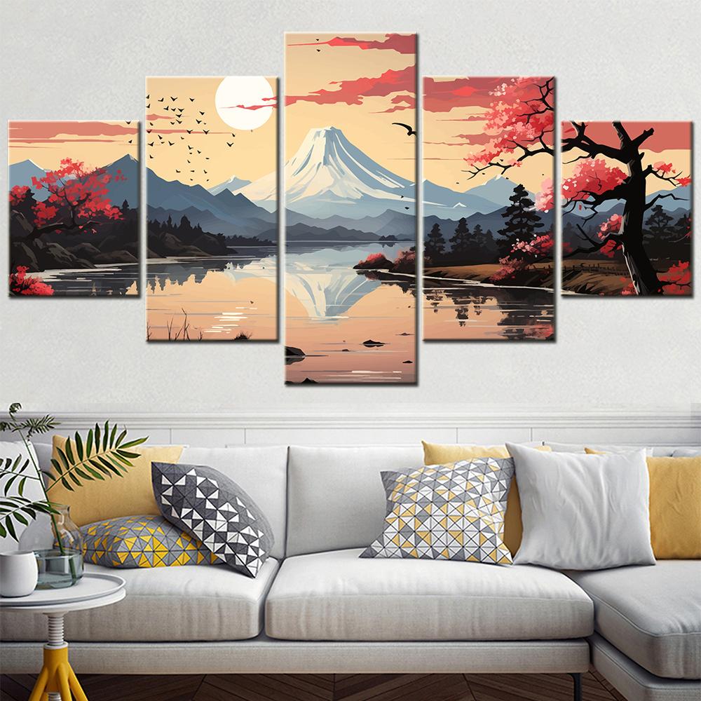 5 Pieces HD Printed Wall Art Canvas Poster Vector Illustration of Japan Landscape Painting Abstract Home Deocration Picture