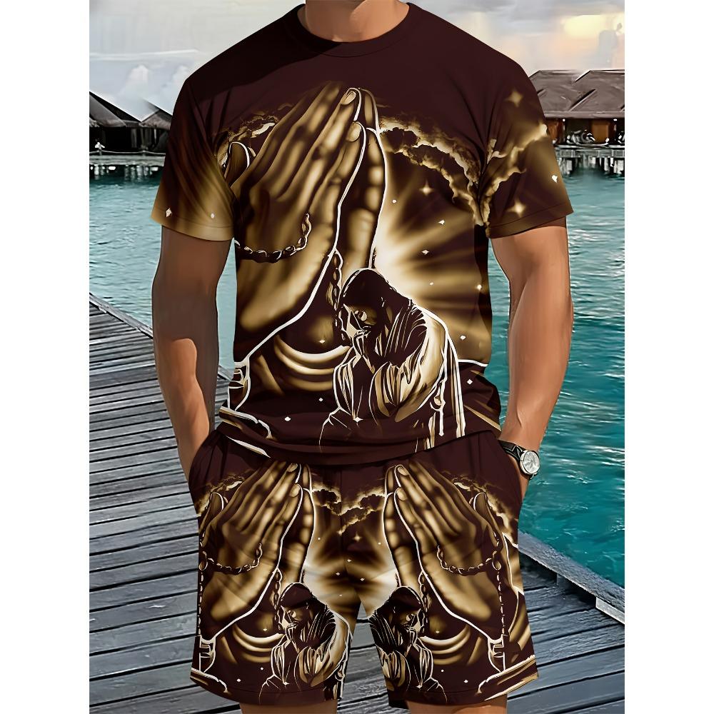 Men's 3D Digital Printing Round-neck Short-sleeved Set - Dark Style Prayer Hand Print - European-American Religious Style Set
