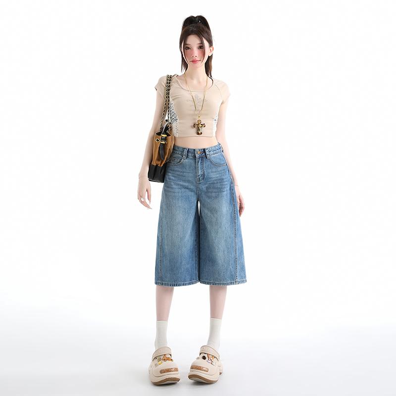 High Quality Retro High Waist Flared Denim Shorts Women Summer Loose Casual Wide Leg Cropped Pants