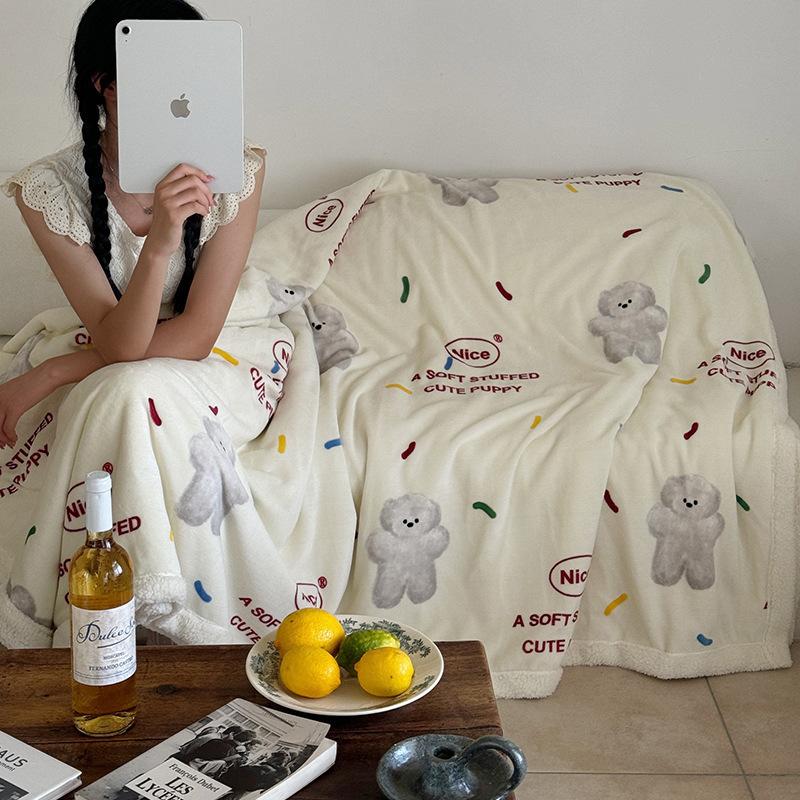 Double-Layer Cartoon Puppy Fleece Blanket Thick Warm Faux Lambs Wool Throw Blankets for Sofa Bed Autumn Winter Soft Plush Plaid
