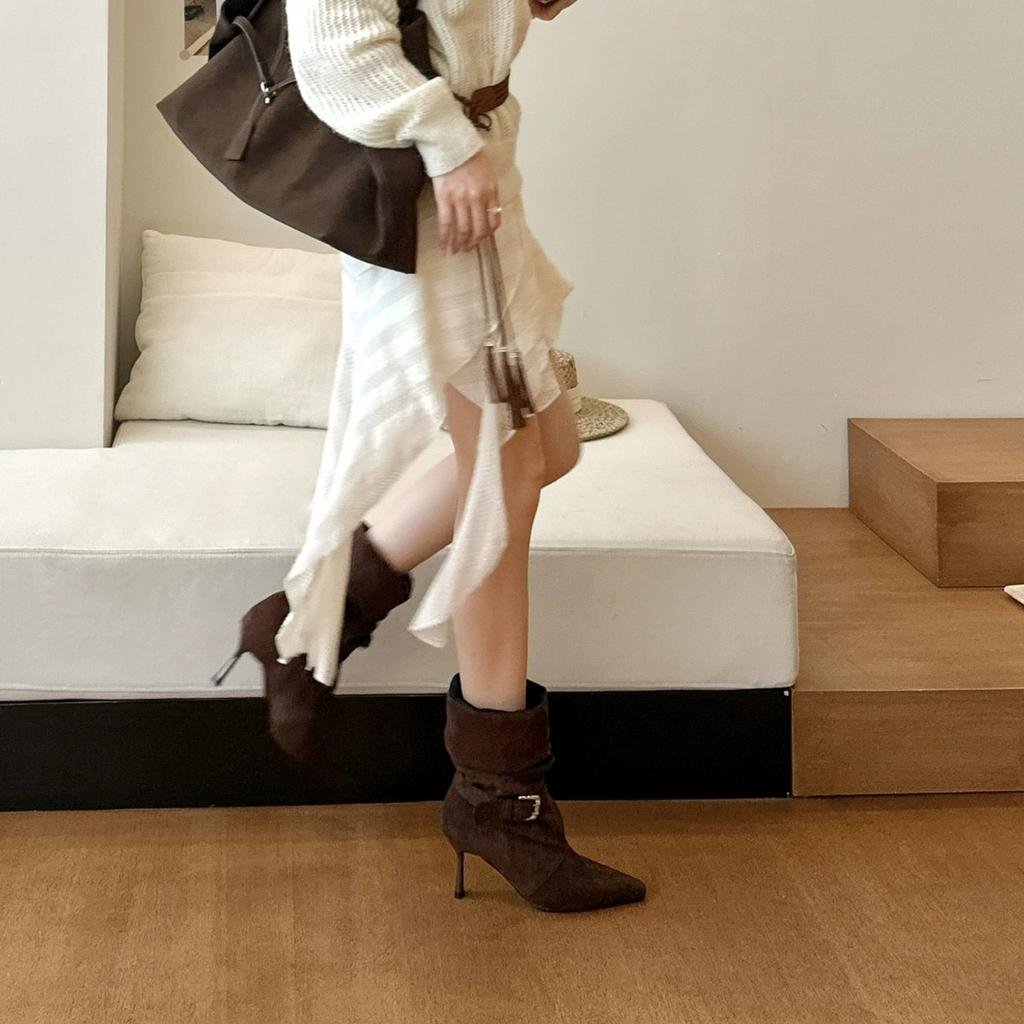 Retro pointed thin heel high heel short boots women's 2025 autumn and winter new fashion temperament wrinkled stacking boots Martin boots