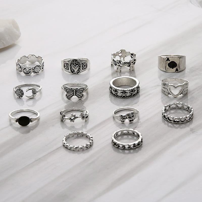 Retro Star Ring Dripping Oil Playing Card Butterfly 14-piece Joint Ring Set