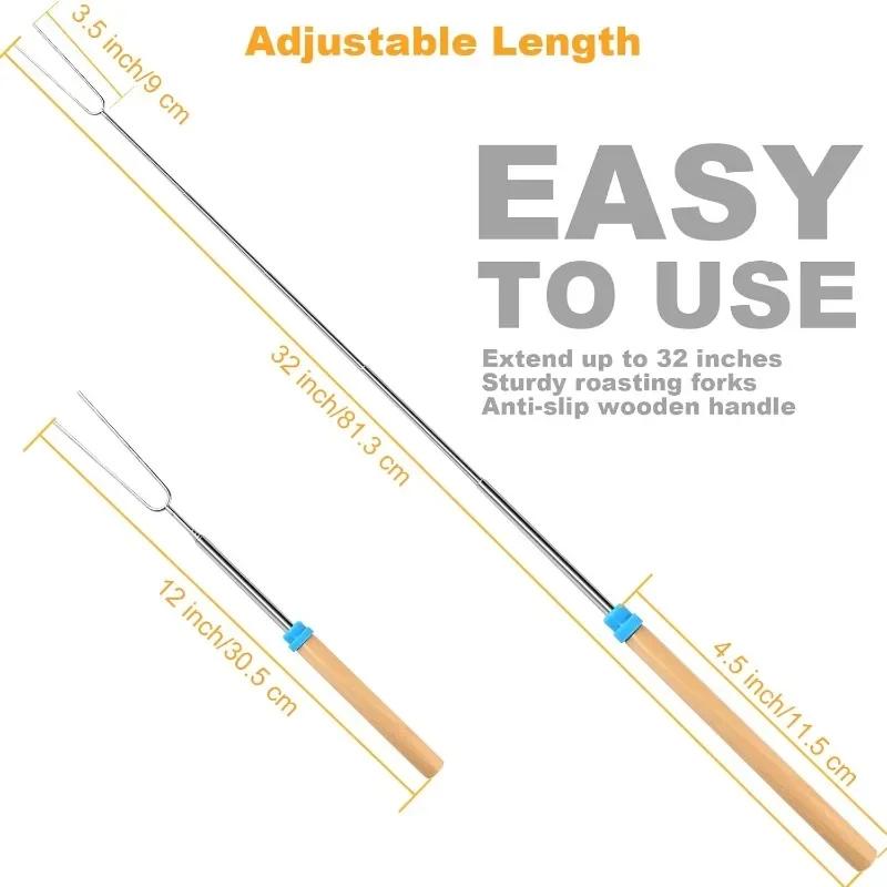 Telescoping Campfire Forks 32 Inch Stainless Steel BBQ Grill Skewer Marshmallow Roasting Sticks for Picnic Smores Cooking