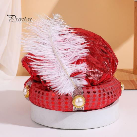 Accessory for Stage Shows Indian Sultan Hat, Shiny Sequins Feather Plume Cap, Novelty Arabian Comfortable Soft Lining Sequin Hat Prince Costume Dress