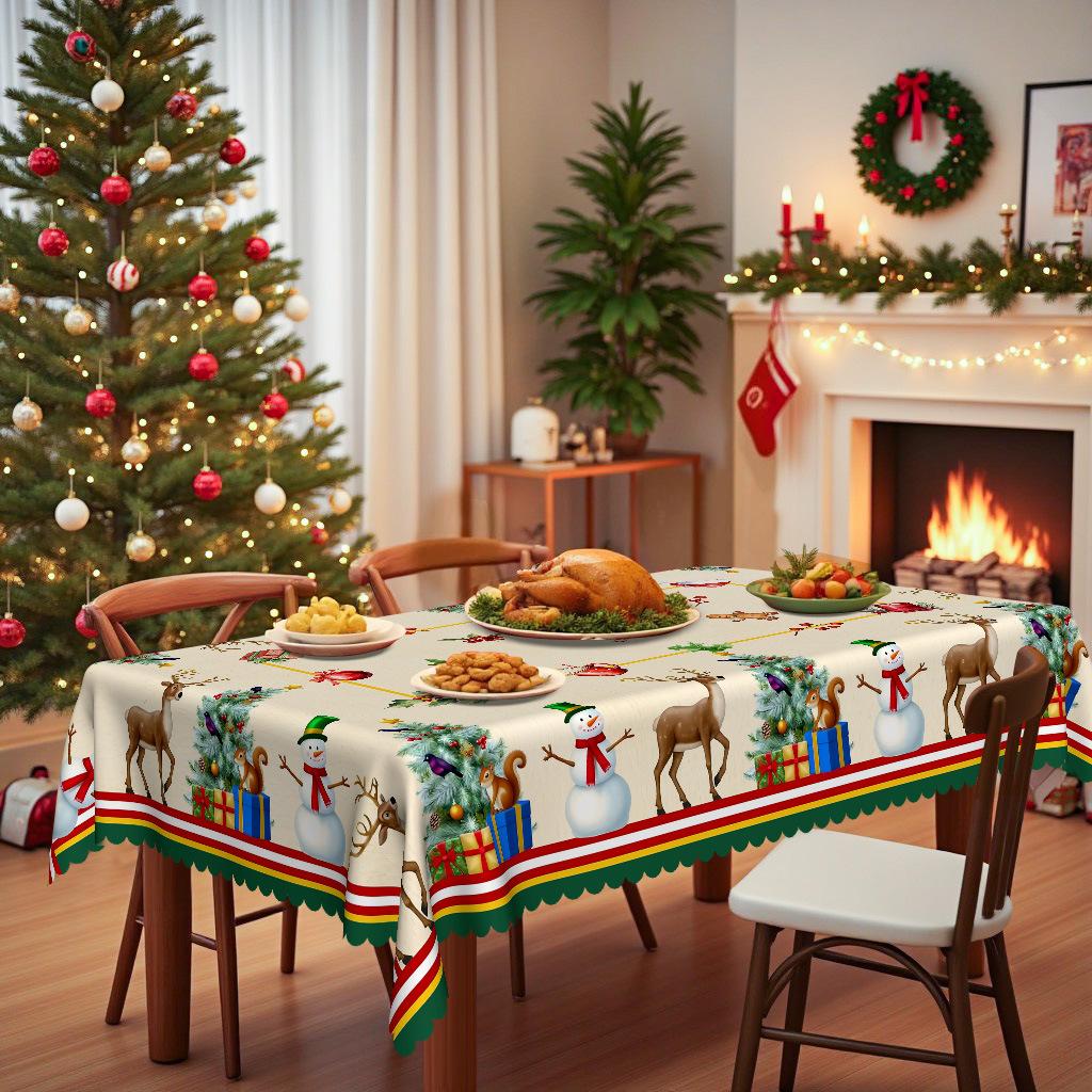 Christmas Themed Round Tablecloth Waterproof Washable, Snowman Reindeer Gift Tree Print, Indoor And Outdoor Decorative Tablecloth