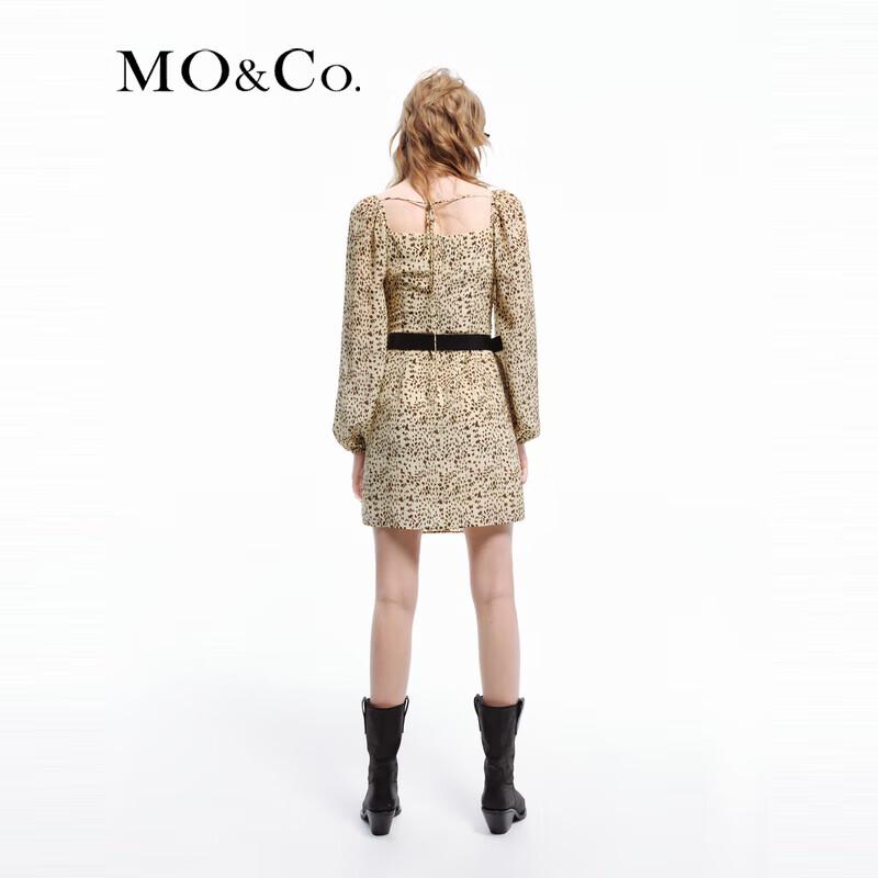 MO&Co. Leopard Print Silk Square Neck Lantern Sleeve Dress