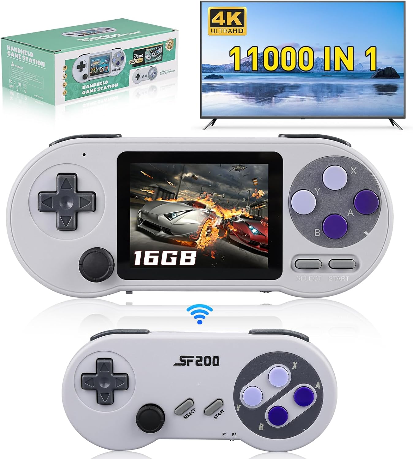 

Игровая консоль STORM WYRM Retro, портативная игровая станция SF2000 с экраном IPS 3,0 дюйма и беспроводными контроллерами, поддержкой ТВ и 2 игроков серый