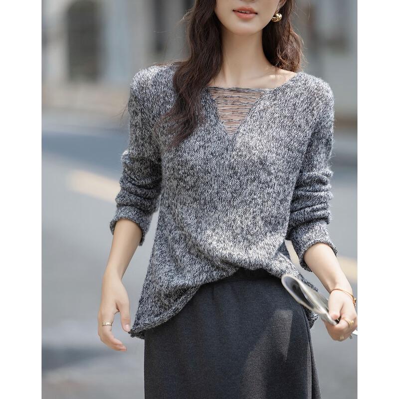 Demana Women's Lamb Wool Blend Round Neck Melange Knit Sweater