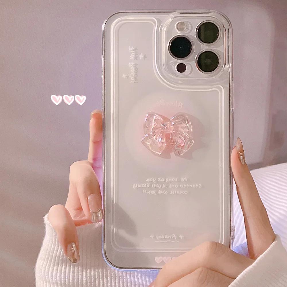 

Lovely 3D Crystal Bow-knot Transparent Phone Case for iPhone17 16 15 14 13 12 11 Pro Shockproof Cover iPhone 17