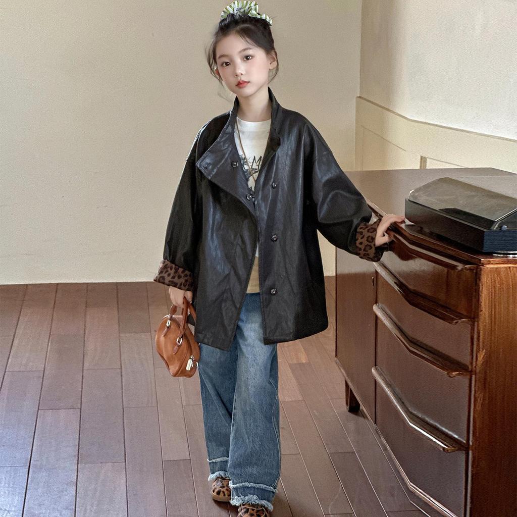 2025 Girls' Mid-Length Leather Jacket - Stylish Autumn/Spring Coat for Fashionable Big Girls