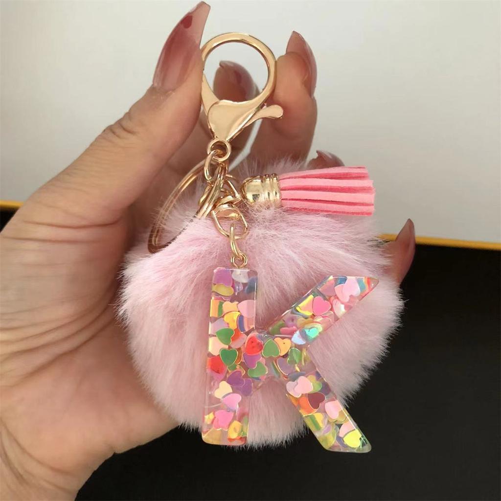 Trend Acrylic Pink Pompom Glitter 26 Initials Letter Keychain With Fluffy Resin Alphabet Charms Key Pendant Party Gift