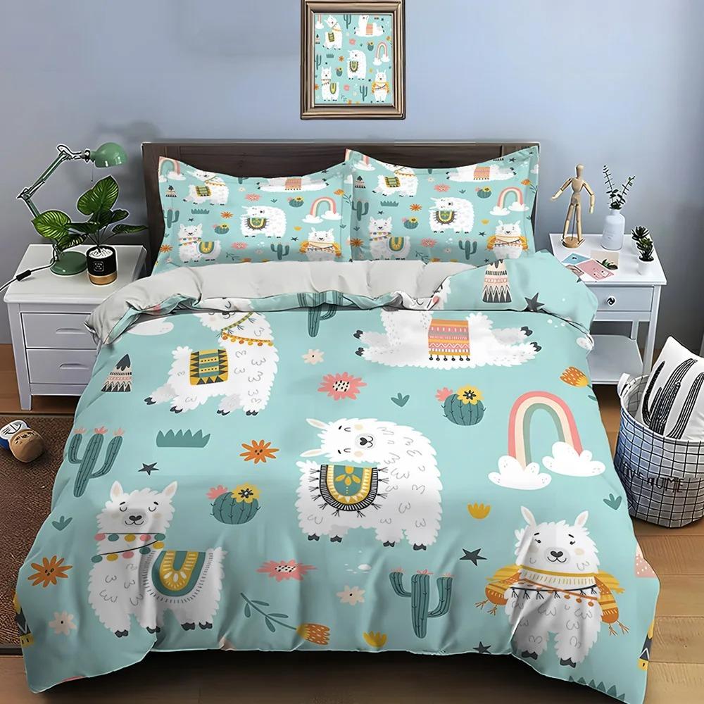 Cute Cartoon Llama Alpaca Print Bedding Set 1 Duvet Cover 1/2 Pillowcases Adult and Children Bedding Set Luxury Gifts