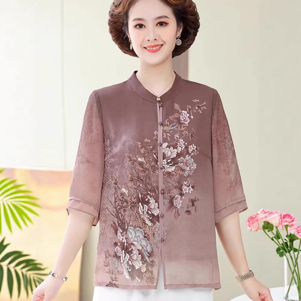 Stylish Chiffon Blouse: Chinese-Style Short-Sleeve Top for Middle-Aged Women