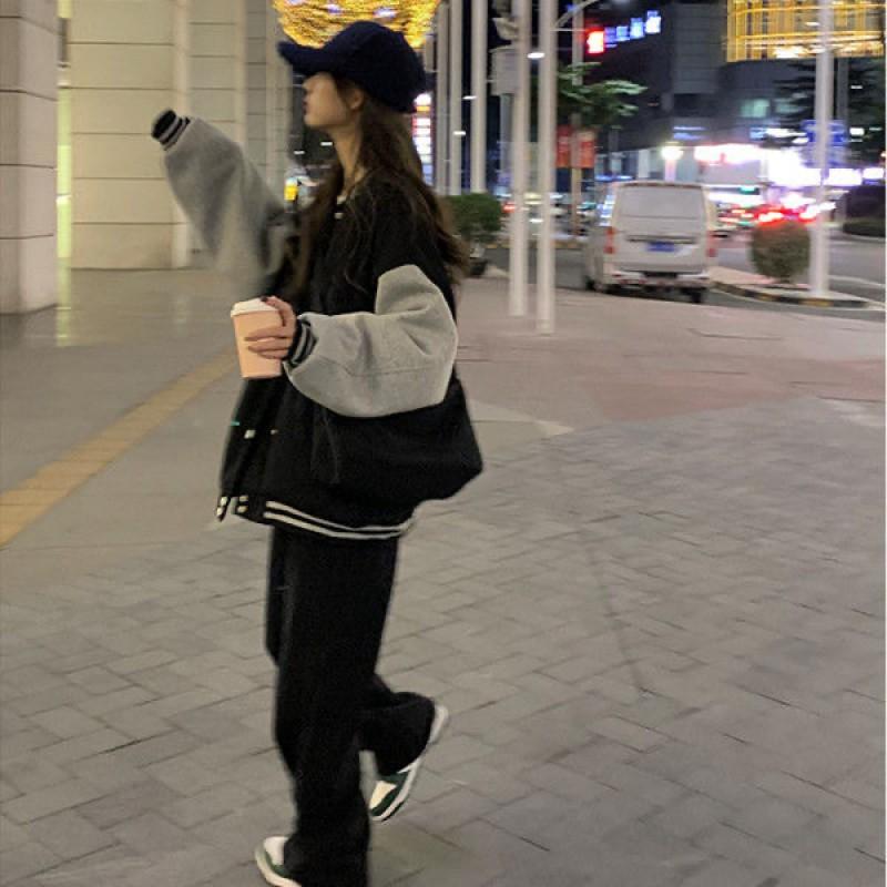 Oversized Fleece-Lined Baseball Jacket Men Women Streetwear Loose Fit Hoodless Coat In Black Khaki