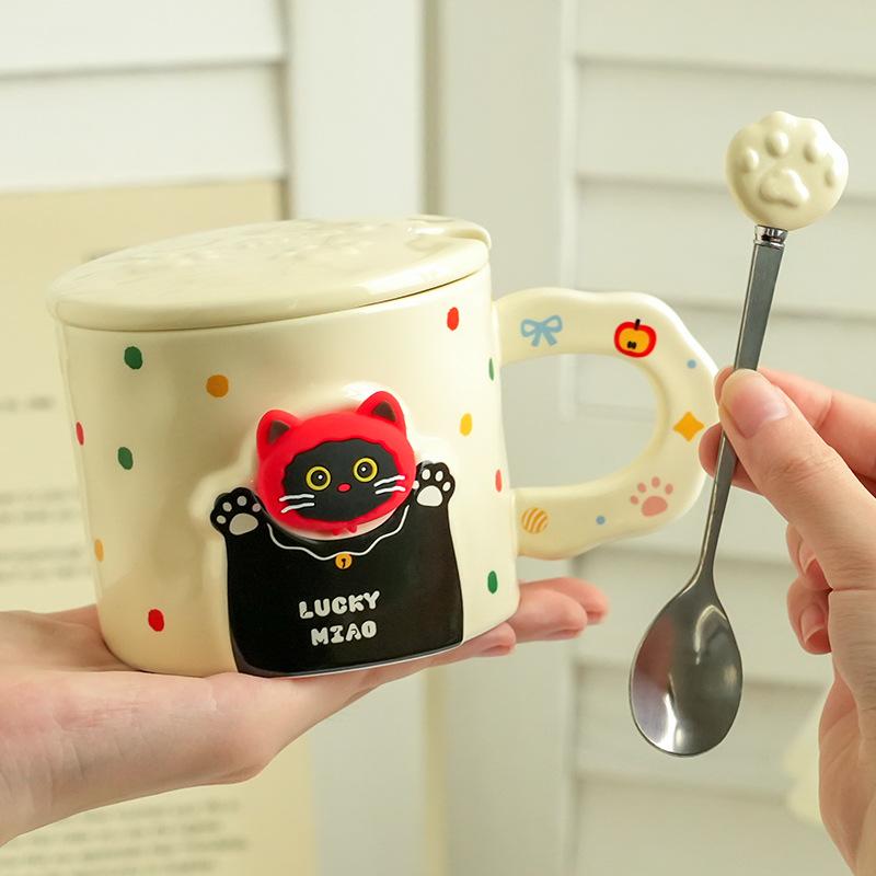 High-Value Cat Ceramic With Lid Household Coffee Couple Cup Practical Souvenir Water Cup