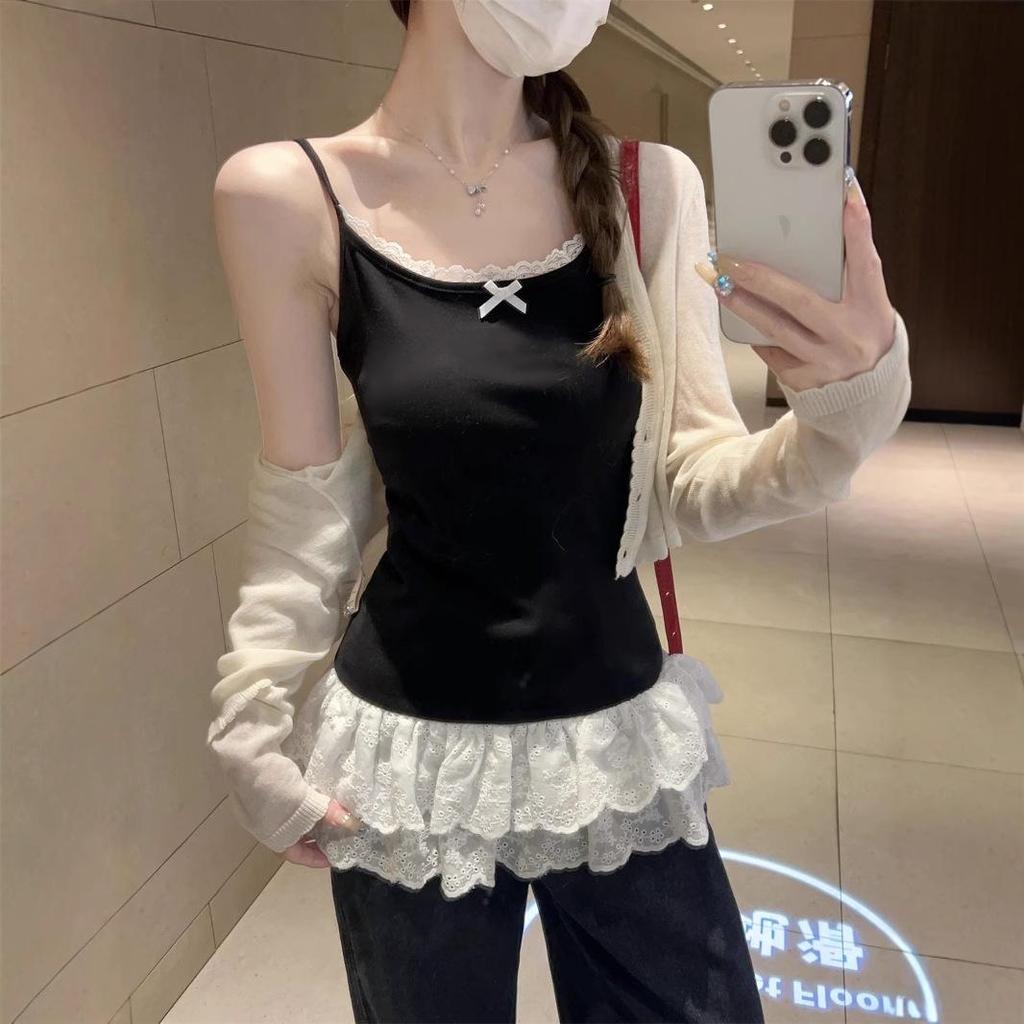 Ballet-Style White Lace Bow Camisole for Women - Spring/Summer 2025 Sleeveless Top