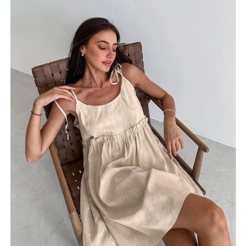 

Loose Cotton and Linen Dresses Sexy Summer Camisole Women s Dresses S абрикосовий