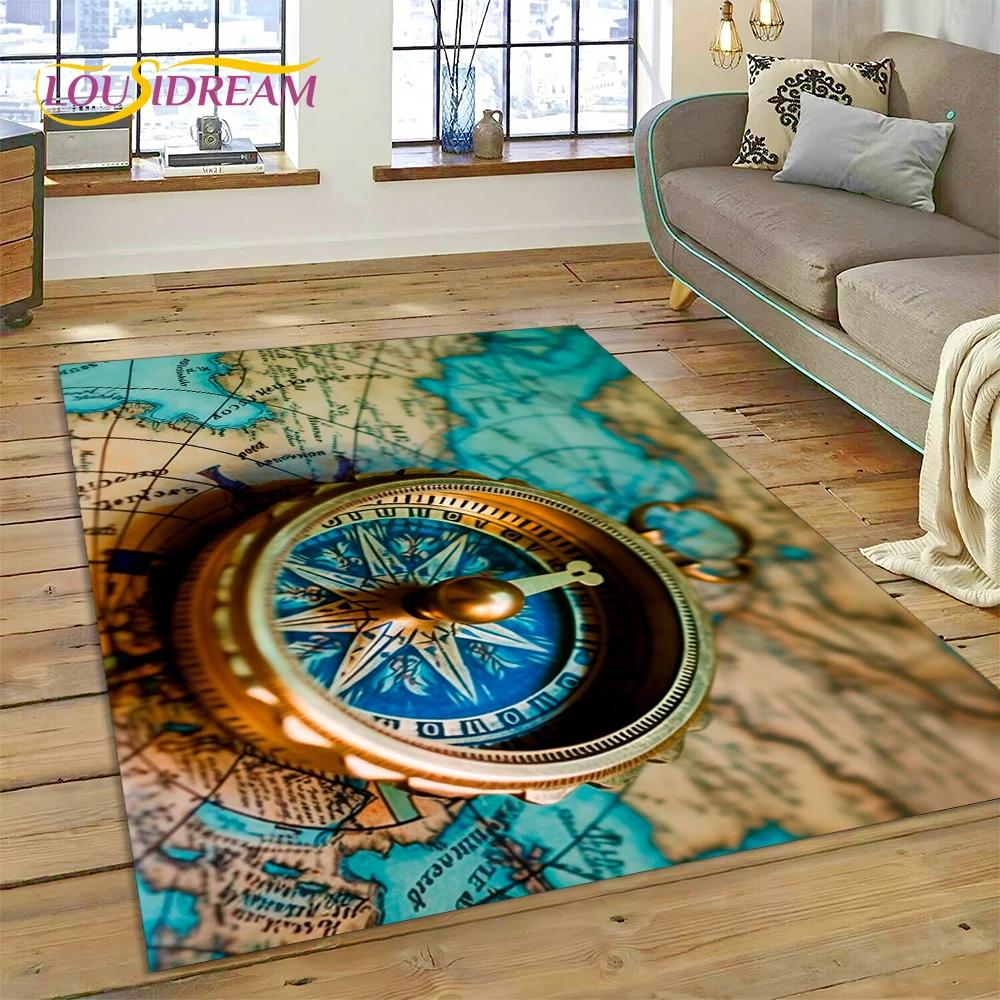3D Starověká námořní mapa Mapa světa Kompas Koberec Kobereček do ložnice Obývacího pokoje Dekorace pohovky, Dětská hra Velká dekorační podložka na podlahu
