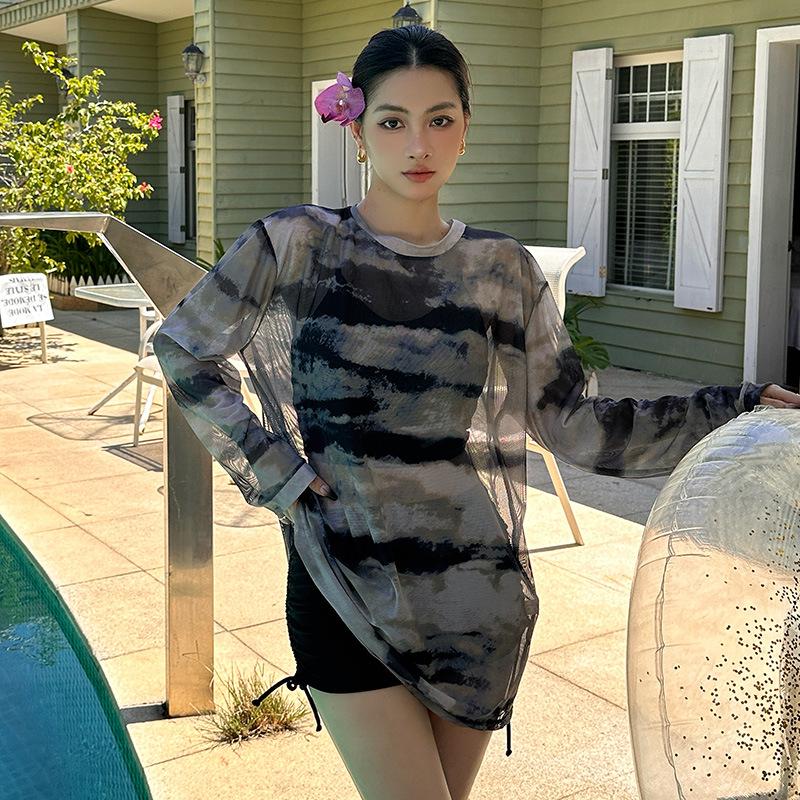 

Большой размер купальник из трех частей с длинным рукавом и принтом тай-дай: Купальник для похудения со свободной верхней одеждой 5XL чёрный