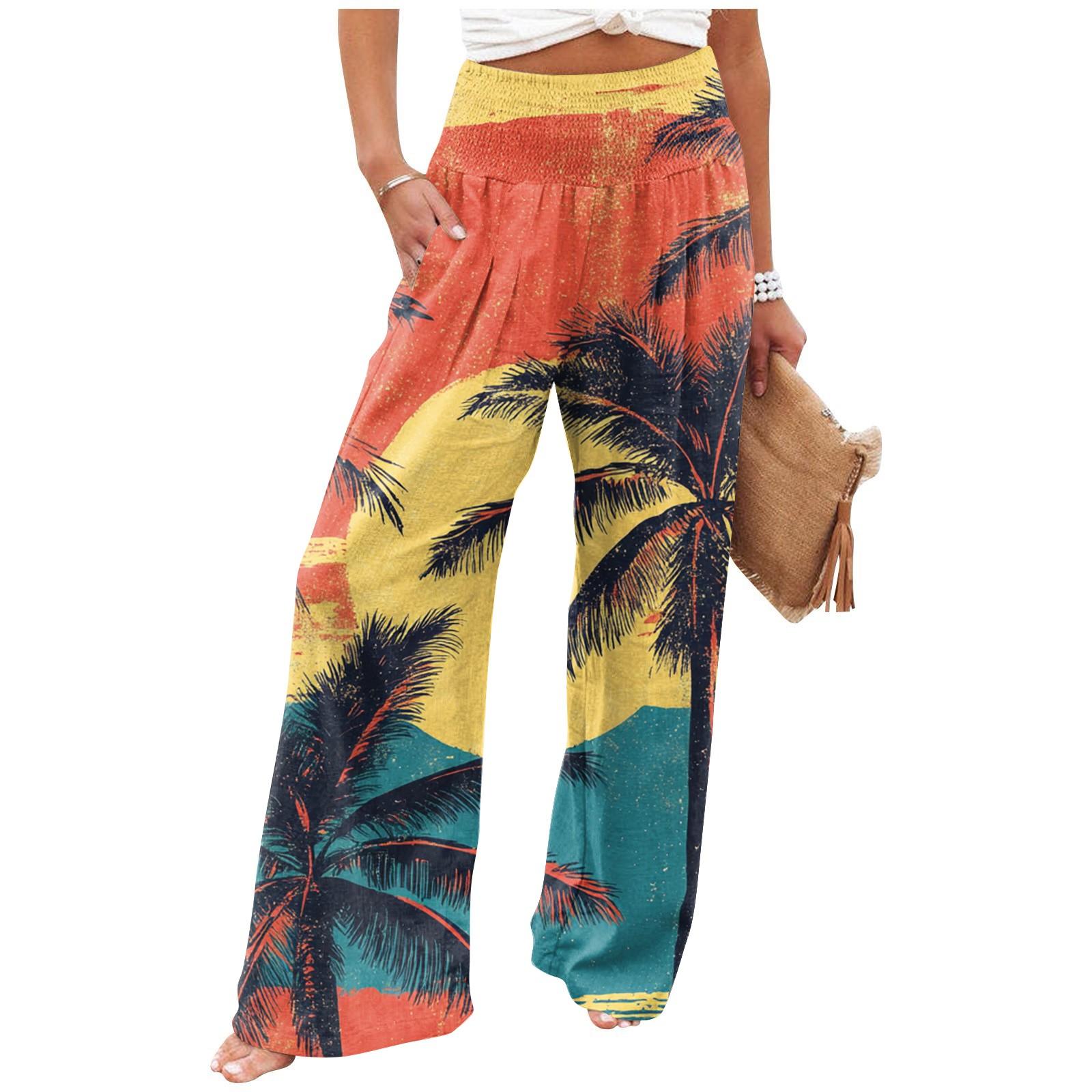 

Жіночі літні еластичні штани з бавовни та льону вільного крою з пляжним принтом XL шафрановий