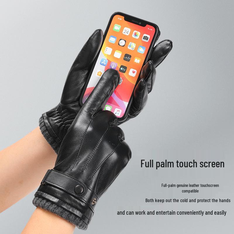 Men's Lambskin Touchscreen Motorcycle Driving Gloves - Winter Warm, Thick Velvet, Ribbed Cuff, Genuine Leather
