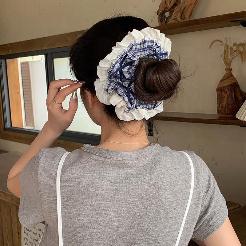 Blueberry Tone Plaid Lace Bow Hair Ring Girl Fashion Versatile Scrunchie Hair Accessories