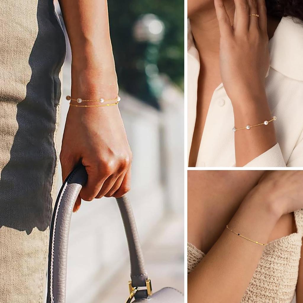 14K Gold Plated Bracelets for Women Waterproof, Non Tarnish Trendy Dainty Minimalist Stackable Jewelry Sets, Herringbone Cuban Paperclip Rope Bead