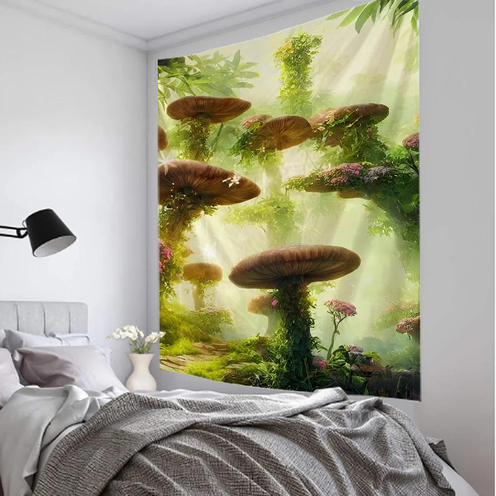 Mushroom Forest Tapestry Kawaii Home Decoration Room Art Background Cloth Children'S Room Decoration Hanging On The Wall