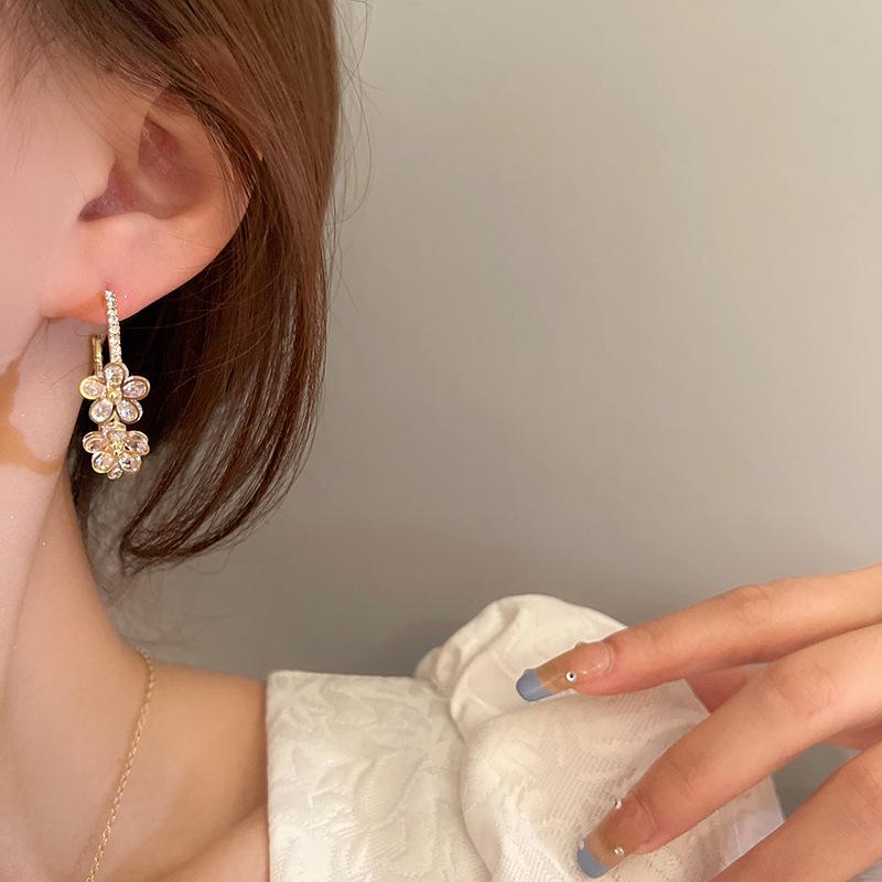 Gold Plated Silver Earrings with Inlaid Diamond Flower Design - Fresh Cool Style Hoops