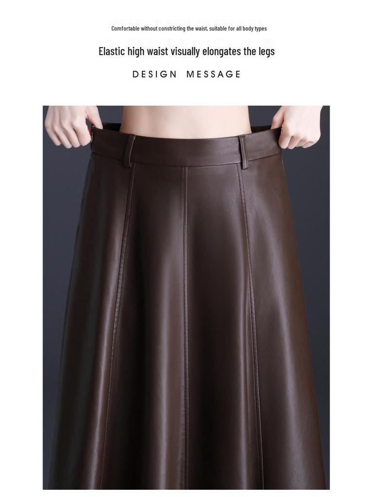 Women's High Waist Lambskin A-Line Midi Skirt - Autumn/Winter 2025 Trendy Leather Umbrella Skirt