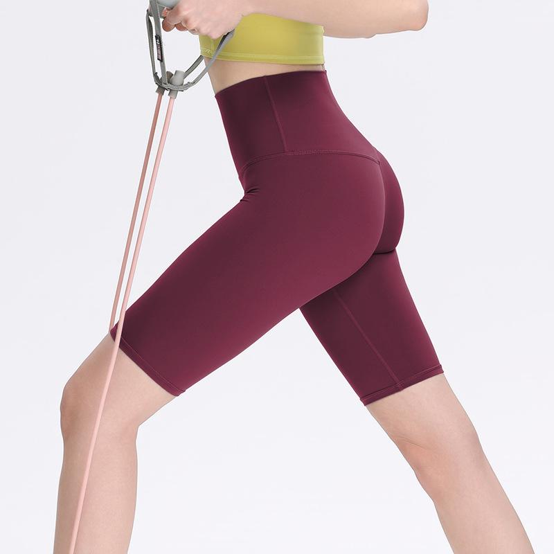 Sports shorts 2025 double-sided brocade nude fitness medium pants high waist slim peach hip sports five-point tight yoga pants women