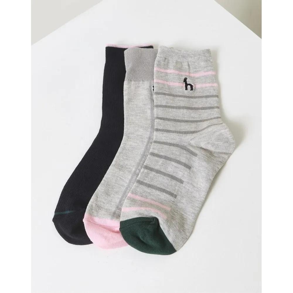 HISS5E300G3_Women's Grey Puppy Embroidery Cotton Blend Mid-calf Socks 3-Piece Set