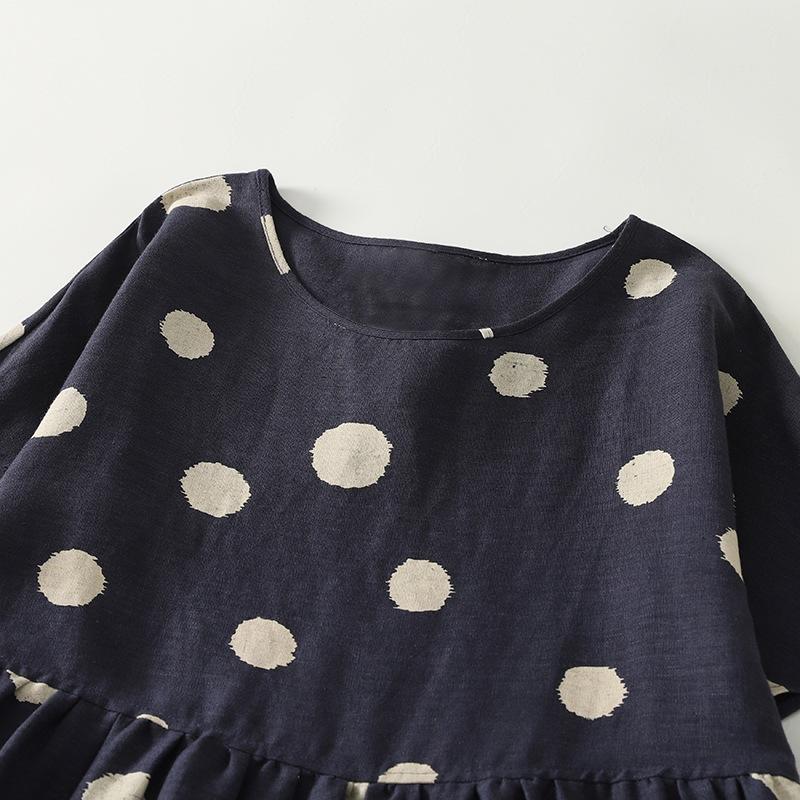 2025 Spring and Summer New Printed Polka Dot Cotton and Linen Dress Women's Loose and Thin Round Neck Short-sleeved Casual Long Dress