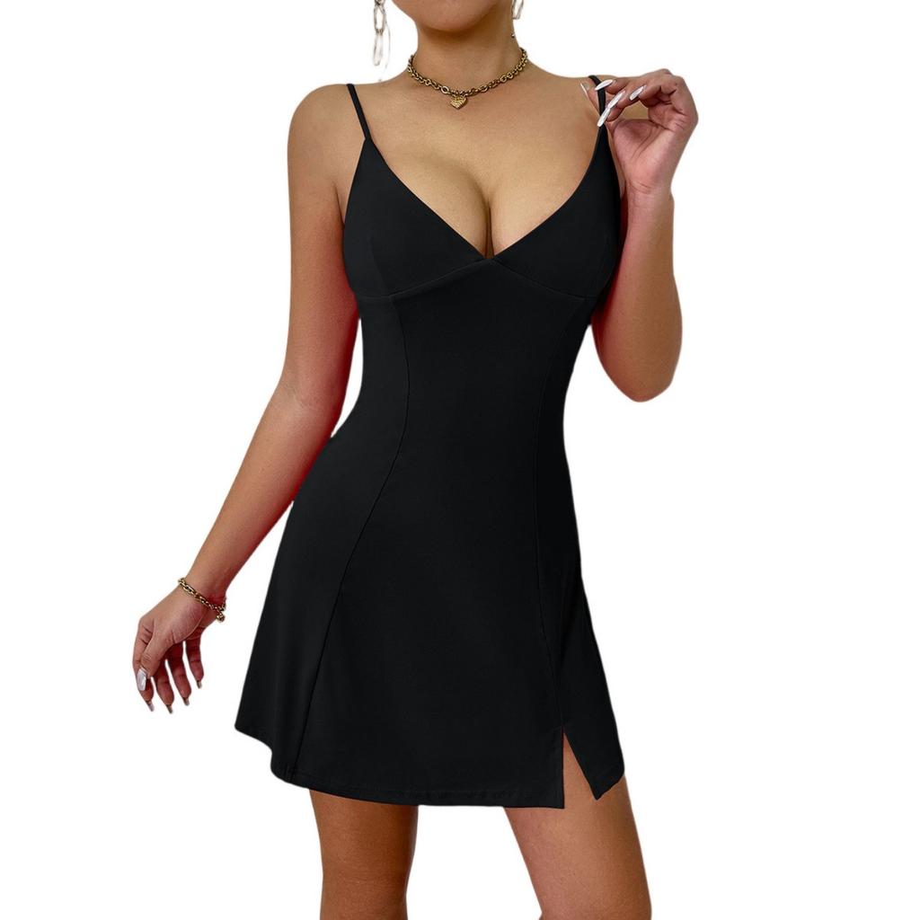 Modisches Damen V-Ausschnitt Sexy Stilvolles Träger Einfarbig Ärmellos Taillenkleid