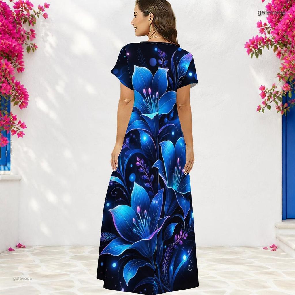 Women Plus Size V Neck Short Sleeve Floral Printed Straight Long Dress