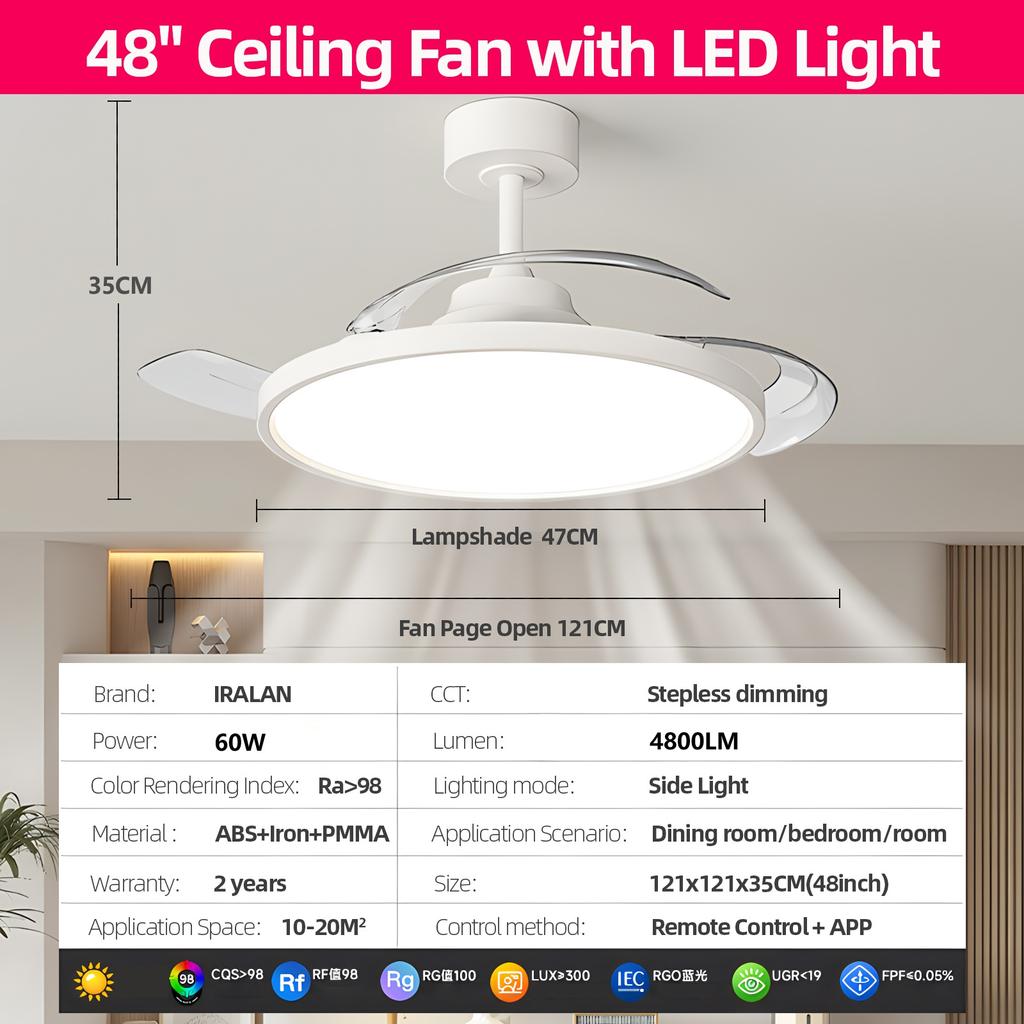 Modern Silent Ceiling Fan With Lights Remote Control Bedroom Decor Ventilator Lamp Air Invisible Blades Retractable Ceiling Lamp