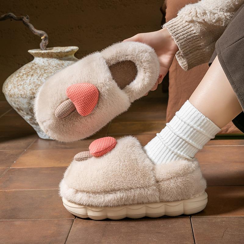 Cotton slippers women's autumn and winter 2025 new cartoon small mushroom indoor home velvet thick-soled super warm cotton shoes women