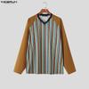 INCERUN Oversized Men V Neck Long Sleeve Striped Print Casual Loose T-shirts Tops