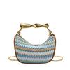 Stylish Woven Texture Pillow Bag Women Color Block Stripe Chain Shoulder Handbag Medium PU Leather Crossbody