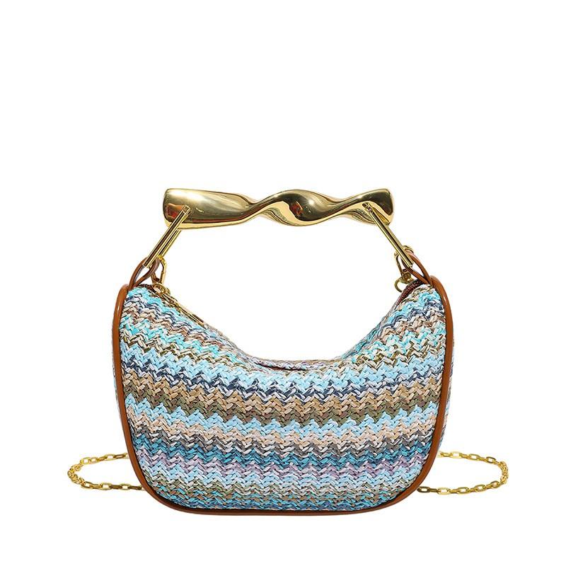 Stylish Woven Texture Pillow Bag Women Color Block Stripe Chain Shoulder Handbag Medium PU Leather Crossbody