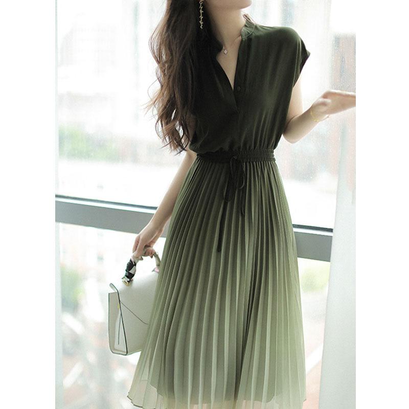 New French coffee break long dress temperament Muse Fan high sense green chiffon pleated dress women's summer